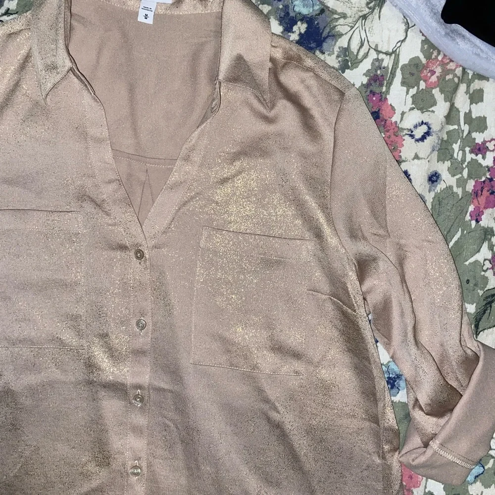 Metallic Gold Button Up Blouse - Picture 2 of 4